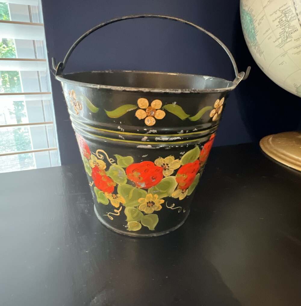 Vintage Hand-Painted Black Metal Toleware Floral Bucket Pail